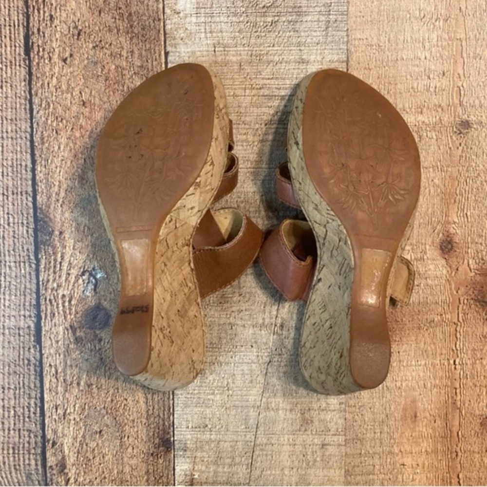 Born‎ Brown Leather Cork Wedge Sandals Strappy Buckle Slide W62326 Womens 7 - Picture 6 of 8